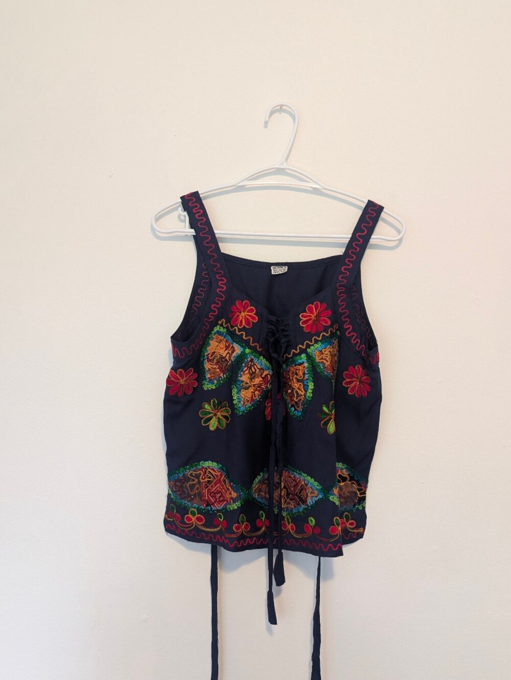 Embroidered Boho Tank Top Navy Floral Artisan Festival Cami Bohemian Hippi S M